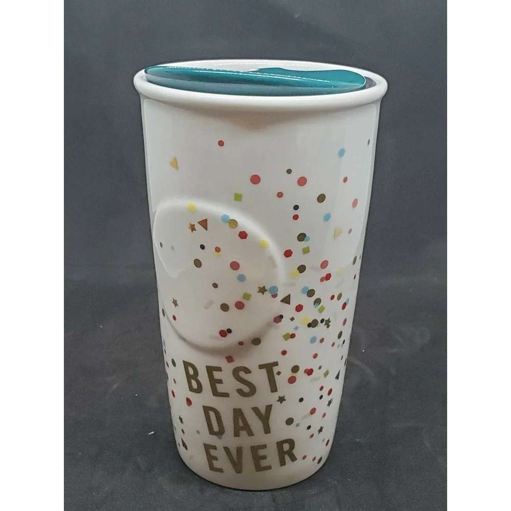 Starbucks Ceramic Travel Mug Confetti Best Day Ever Coffee 2015 White Blue Teal